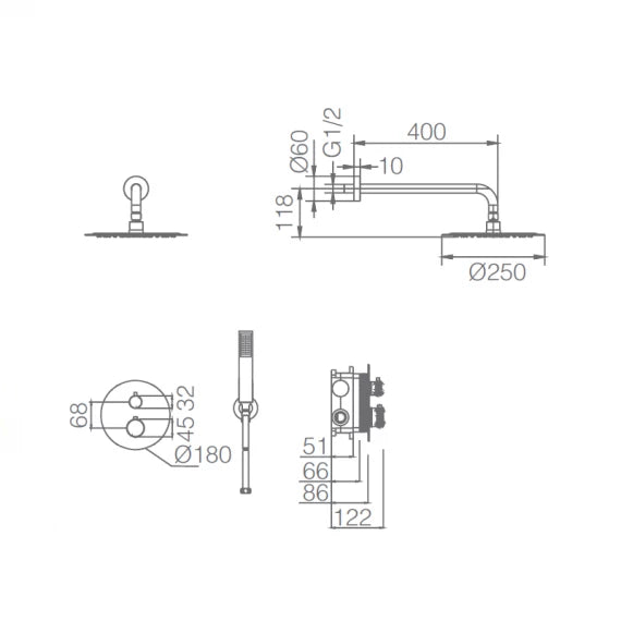 Croquis Conjunto de Ducha Termostático LINE Gtd038/Orc de Imex