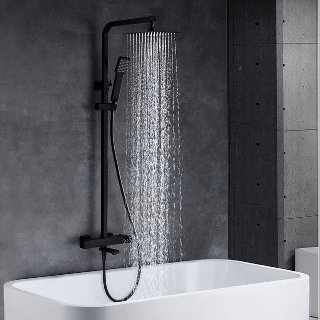 Conjunto De Bañera Negro Mate Imex FIJI | Con Caño Abatible | Barra Telescópica | Rociador Antical 20x20 | IMEX - CuartoDeBaño.com