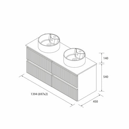 croquis mueble KIRA 140 cm lavabo sobre encimera