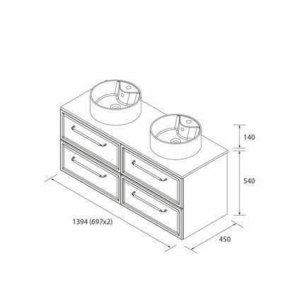 Mueble de Baño RUNA de Salgar con Lavabo Sobre Encimera. 4 Acabados, de 60 a 140 cm