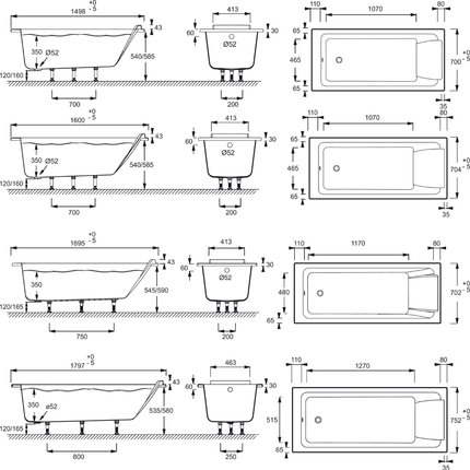 medidas Banera SOFA rectangular de Jacob Delafon 