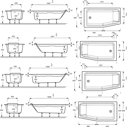 medidas Banera SOFA de Jacob Delafon Asimetrica