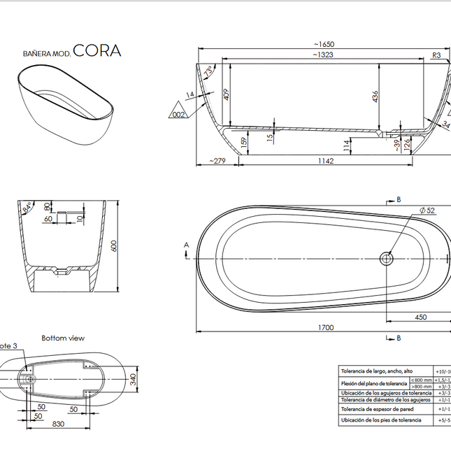 Especificaciones Bañera CORA
