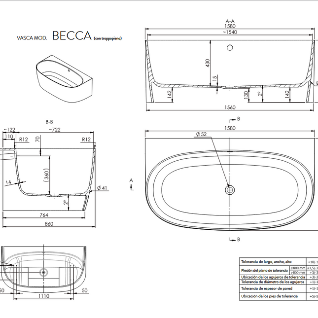 Especificaciones Bañera BECCA