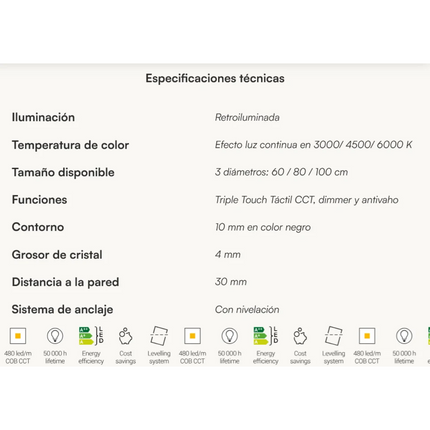especificaciones Espejo de baño redondo LED Baeza de Dyled