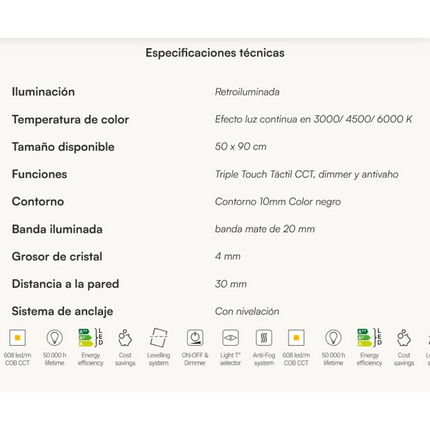 especificaciones Espejo de baño LED Cáceres de Dyled