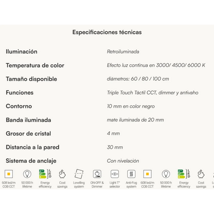 Especificaciones Espejo de baño redondo LED Córdoba de Dyled
