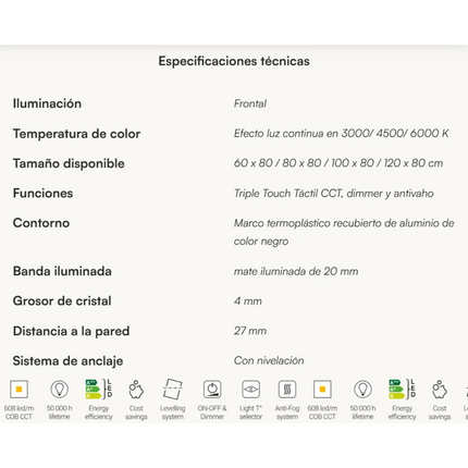 Especificaciones Espejo de baño LED Fontenay de Dyled