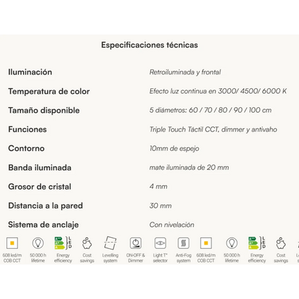 especificaciones Espejo de baño redondo LED Toledo de Dyled