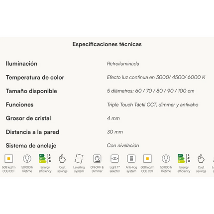 especificaciones Espejo de baño redondo LED Veneto de Dyled