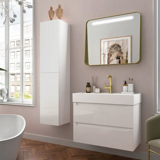 Mueble de Baño Suspendido con Lavabo Cerámico, 70 cm, 2 cajones con  Cierre Amortiguado y Organizador, Blanco Brillo - Cromo Brillo