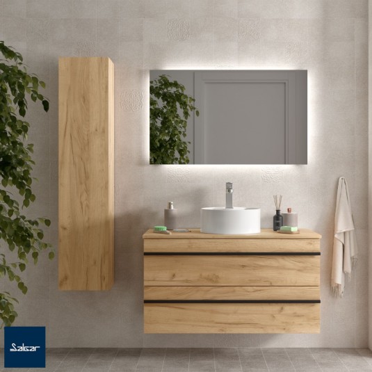 Mueble de baño 120cm Roble y Negro, Lavabos rectangulares y espejo