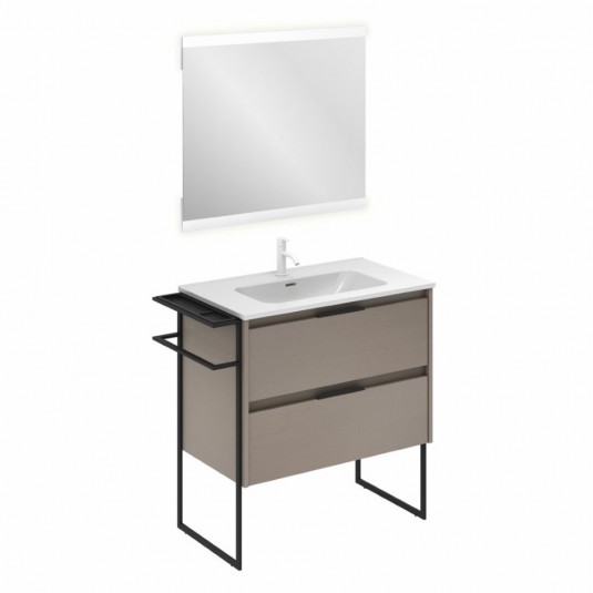 Mueble de baño KEIKO de 80 cm con 2 cajones FUMÉ ARENADO con espejo Hikari y lavabo
