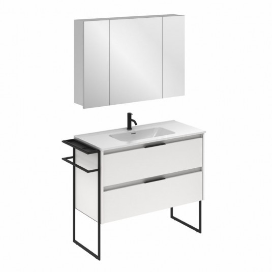 Mueble de baño KEIKO de 100 cm con 2 cajones BLANCO BRILLO con espejo Midori GRIS y lavabo