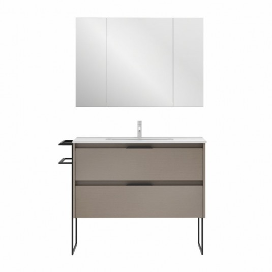 Mueble de baño KEIKO de 100 cm con 2 cajones FUMÉ ARENADO con espejo Midori GRI y lavabo