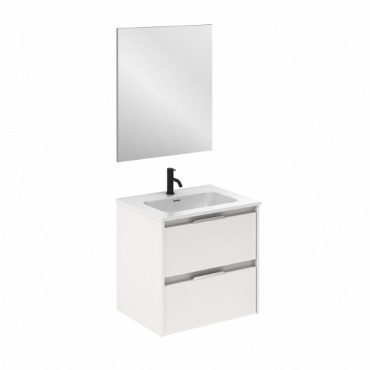 Mueble de baño SUKI de 60 cm con 2 cajones BLANCO BRILLO con espejo Kawa y lavabo