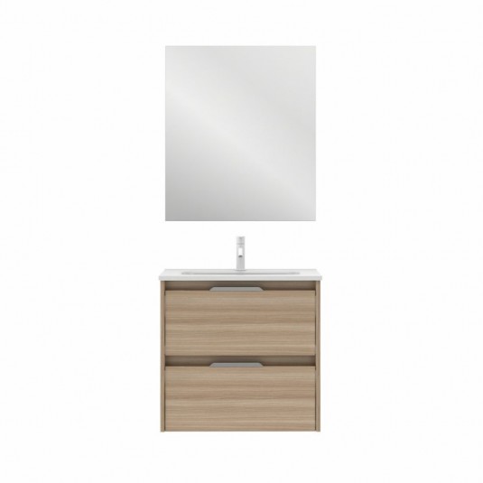 Mueble de baño SUKI de 60 cm con 2 cajones NOGAL ARENADO con espejo Kawa y lavabo