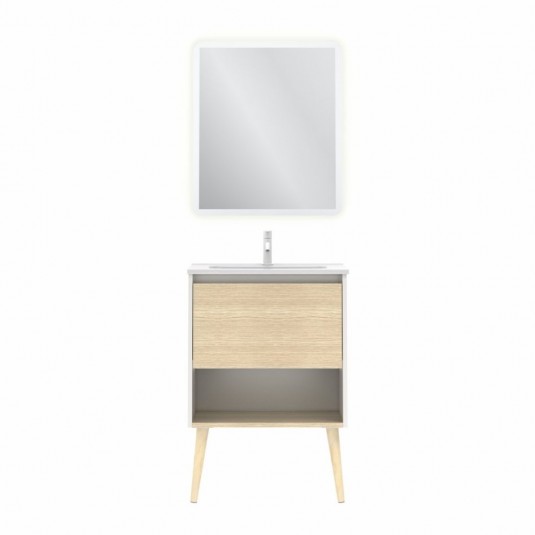 Mueble de baño NARA de 60 cm con 1 cajón y 1 hueco BLANCO MATE Y ROBLE ARENADO con espejo Hoshi y lavabo