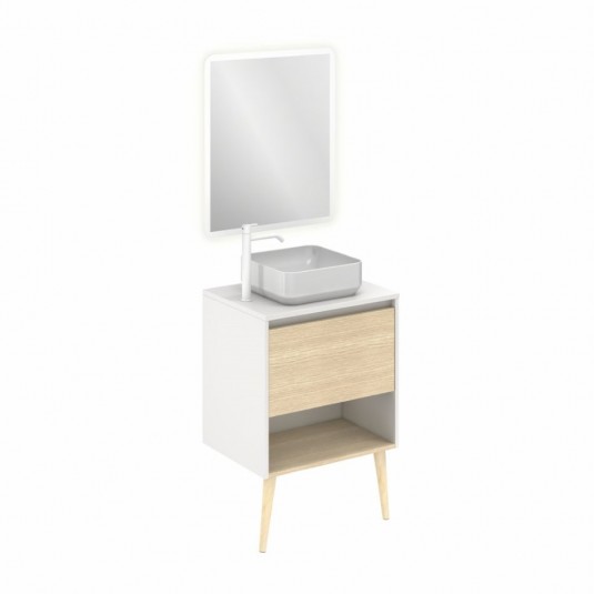 Mueble de baño NARA TOP de 60 cm con 1 cajón y 1 hueco BLANCO MATE Y ROBLE ARENADO con espejo Hoshi y lavabo