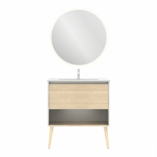 Mueble de baño NARA de 80 cm con 1 cajón y 1 hueco BLANCO MATE Y ROBLE ARENADO con espejo Nozomi y lavabo