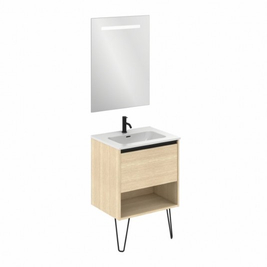 Mueble de baño YOKO de 60 cm con 1 cajón y 1 hueco ROBLE ARENADO con espejo Nomi y lavabo