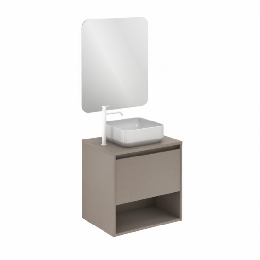 Mueble de baño NIWA TOP de 60 cm con 1 cajón y 1 hueco FUMÉ ARENADO con espejo Sora y lavabo