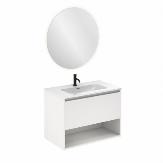 Mueble de baño NIWA de 80 cm con 1 cajón y 1 hueco BLANCO BRILLO con espejo Nozomi y lavabo