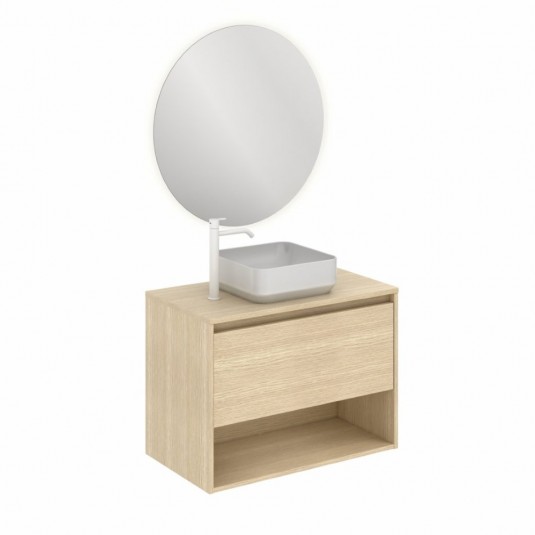 Mueble de baño NIWA TOP de 80 cm con 1 cajón y 1 hueco ROBLE ARENADO con espejo Nozomi y lavabo