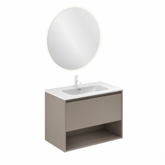 Mueble de baño NIWA de 80 cm con 1 cajón y 1 hueco FUMÉ ARENADO con espejo Nozomi y lavabo
