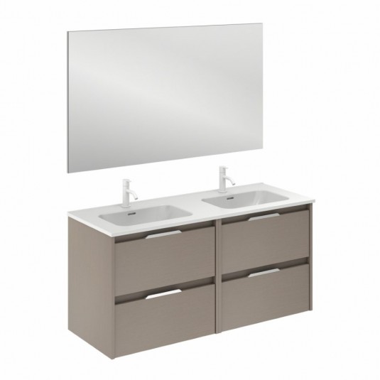 Mueble de baño SUKI de 120 cm con 4 cajones FUMÉ ARENADO con espejo Kawa y lavabo