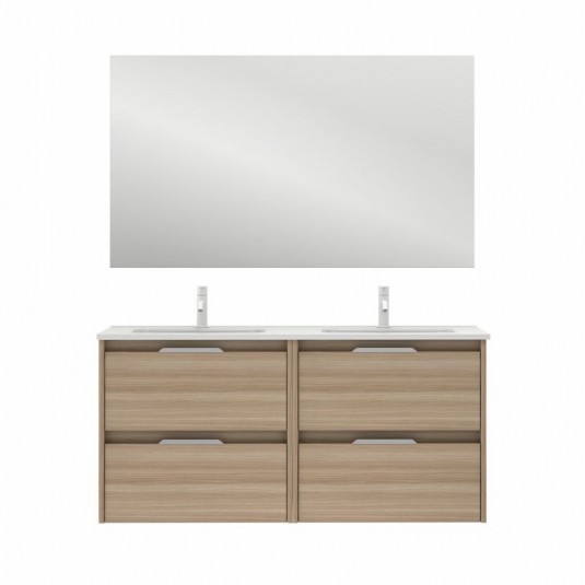 Mueble de baño SUKI de 120 cm con 4 cajones NOGAL ARENADO con espejo Kawa y lavabo