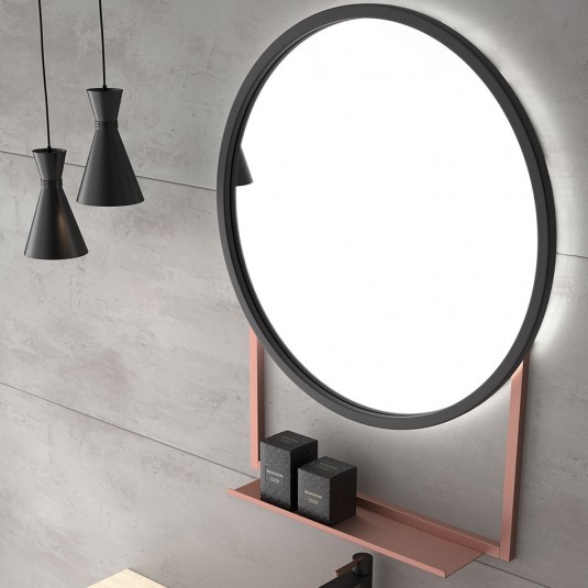 Espejo de baño HAWAI Ø50 cm con balda y marco metálico y luz LED