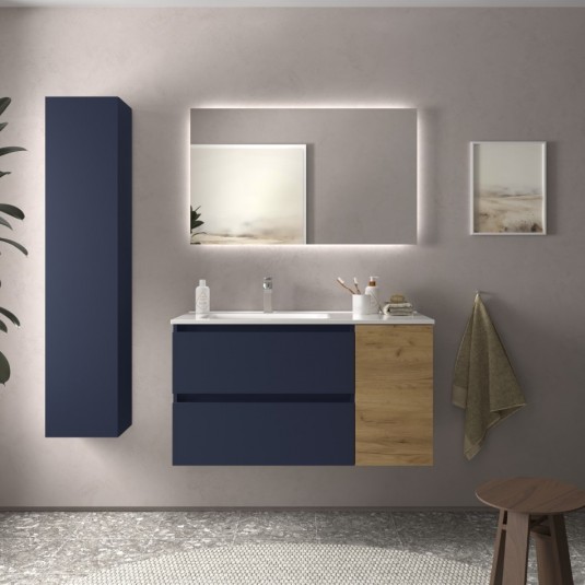 Mueble Azul satinado / Roble Africa BEQUIA 900 con puerta lateral de 30 cm y lavabo cerámico 110552 110553
