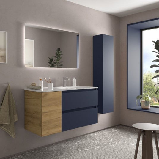Mueble Azul satinado / Roble Africa BEQUIA 1000 con puerta lateral de 30 cm y lavabo cerámico 110554 110555 (Muebles)