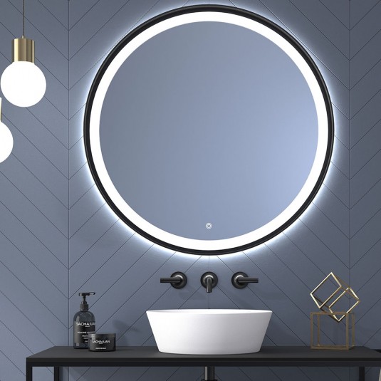 Espejo de baño SEYCHELLES Ø80 cm con marco metálico y luz LED