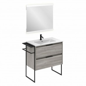 Mueble de baño KEIKO de 80 cm con 2 cajones GRIS ARENADO con espejo Hikari y lavabo