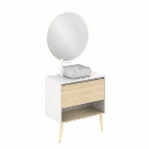 Mueble de baño NARA TOP de 80 cm con 1 cajón y 1 hueco BLANCO MATE Y ROBLE ARENADO con espejo Nozomi y lavabo