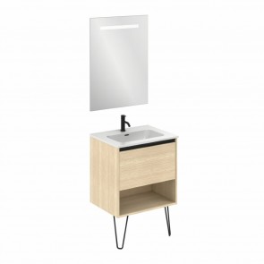 Mueble de baño YOKO de 60 cm con 1 cajón y 1 hueco ROBLE ARENADO con espejo Nomi y lavabo