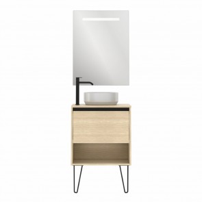 Mueble de baño YOKO TOP de 60 cm con 1 cajón y 1 hueco ROBLE ARENADO con espejo Nomi y lavabo