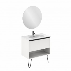 Mueble de baño YOKO de 80 cm con 1 cajón y 1 hueco BLANCO BRILLO con espejo Miku y lavabo