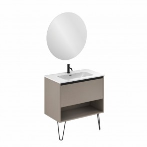 Mueble de baño YOKO de 80 cm con 1 cajón y 1 hueco FUMÉ ARENADO con espejo Miku y lavabo