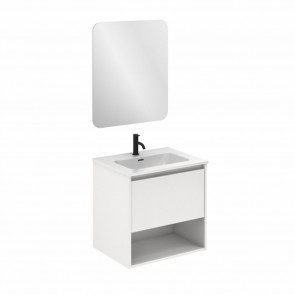 Mueble de baño NIWA de 60 cm con 1 cajón y 1 hueco BLANCO BRILLO con espejo Sora y lavabo