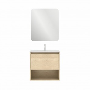 Mueble de baño NIWA de 60 cm con 1 cajón y 1 hueco ROBLE ARENADO con espejo Sora y lavabo