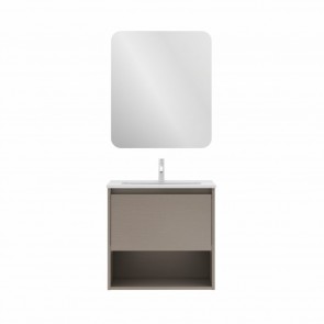 Mueble de baño NIWA de 60 cm con 1 cajón y 1 hueco FUMÉ ARENADO con espejo Sora y lavabo