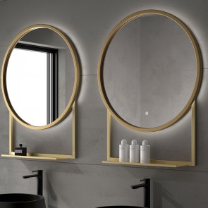 Espejo de baño HAWAI Ø70 cm con balda y marco metálico y luz LED