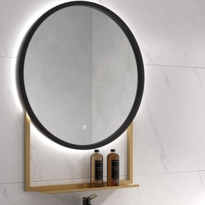 Espejo de baño HAWAI Ø60 cm con balda y marco metálico y luz LED