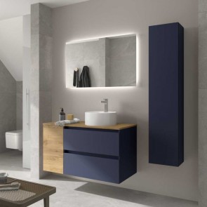 Mueble Azul satinado / Roble Africa BEQUIA 900 con puerta y encimera con lavabo cerámico de posar 110559