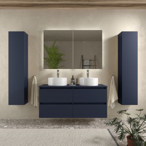 Mueble Azul satinado BEQUIA 1400 con lavabo doble sobre encimera 110435