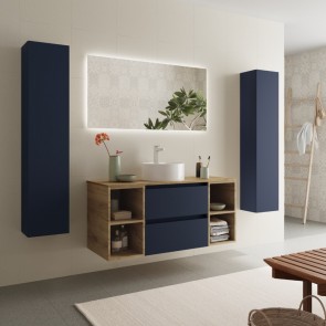 Mueble Azul satinado / Roble Africa BEQUIA 1200 con 4 huecos y encimera con lavabo cerámico de posar 110558