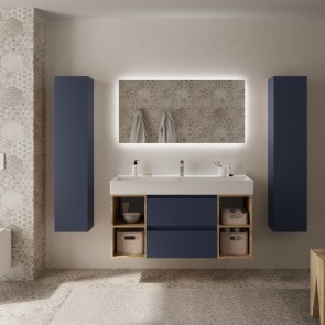 Mueble Azul satinado / Roble Africa BEQUIA 1200 con 4 huecos y lavabo cerámico grueso 110551